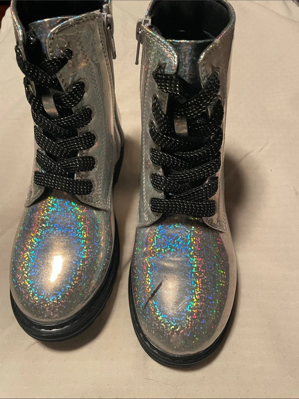 Kids Holographic Silver Sparklr Lace-Up and Zip Boots.